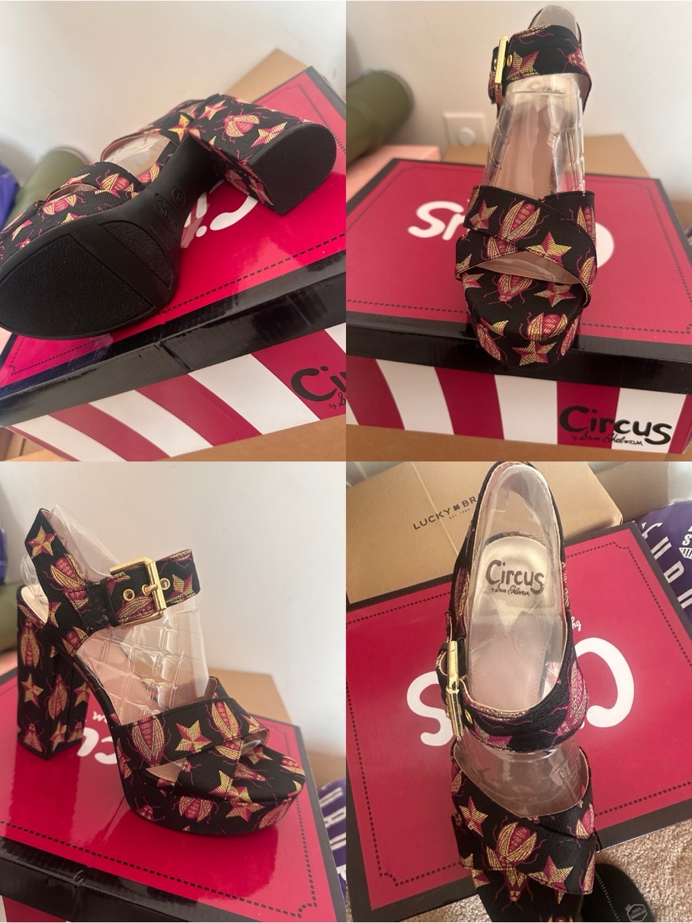 Circus by Sam Edelman Black Floral Jacquard Platform Sandals with Gold Buckle